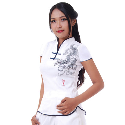 Loungewear Kurzarm Damen Yoga Drachen Shirt Weiß