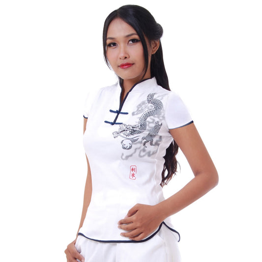 Loungewear Kurzarm Damen Yoga Drachen Shirt Weiß