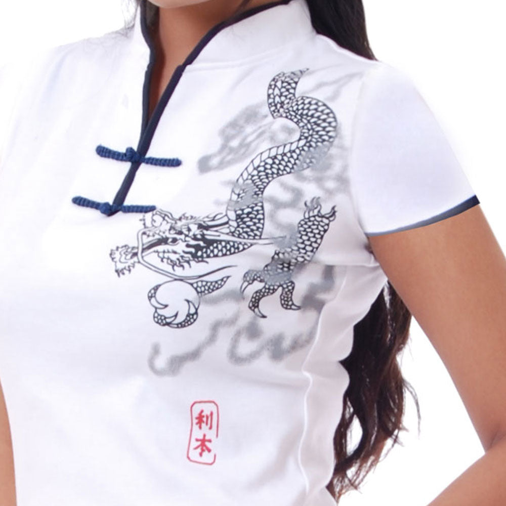 Loungewear Kurzarm Damen Yoga Drachen Shirt Weiß