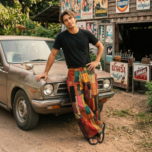 Male model wearing orange boho patchwork pants by an old classic car in front of a Thai wood store.