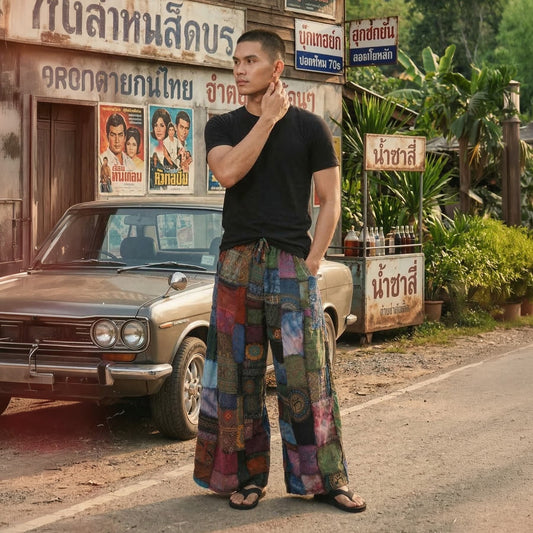 Male model in purple boho patchwork pants posing by a vintage car in front of an old Thai wood store.