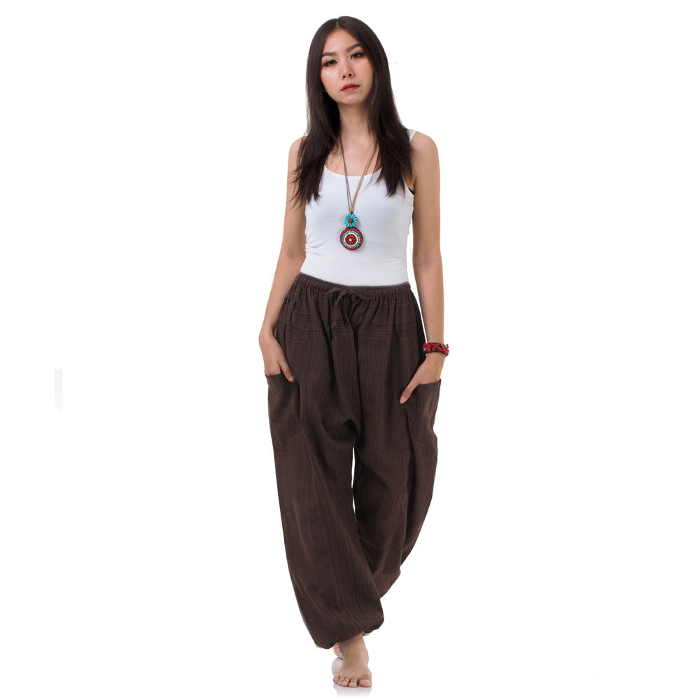 Front view of the Earthy Brown Women's Pinstripe Harem Pants with an elasticated waist.