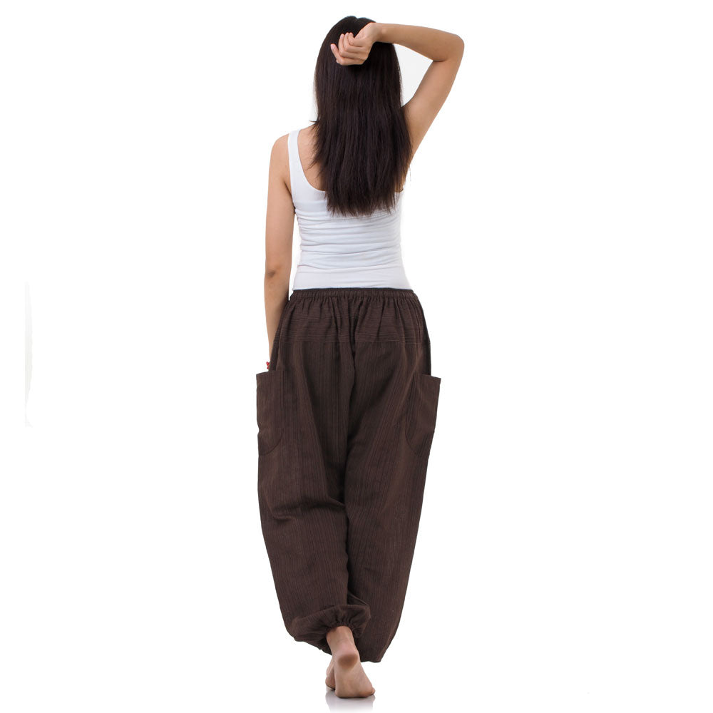 Rear view of the Earthy Brown pinstripe harem pants, showing the durable yet light construction.