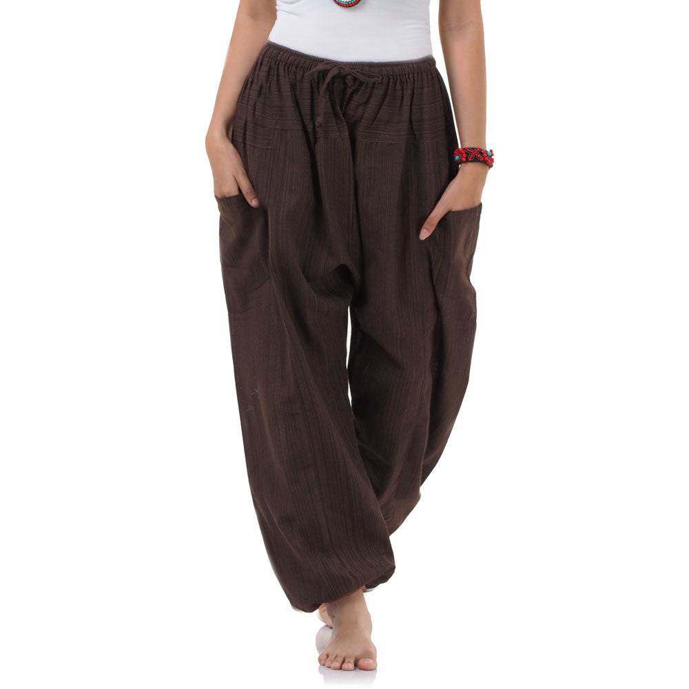 Detailed view of the Earthy Brown pinstripe cotton fabric, showcasing the natural artisan quality.