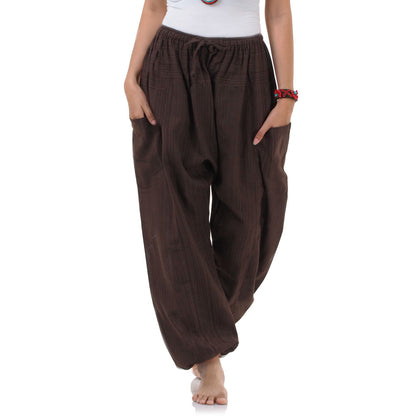 Detailed view of the Earthy Brown pinstripe cotton fabric, showcasing the natural artisan quality.