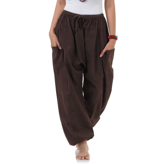 Detailed view of the Earthy Brown pinstripe cotton fabric, showcasing the natural artisan quality.