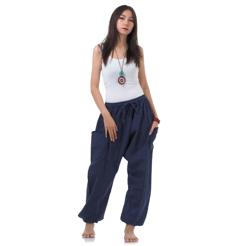 Front view of the Blue Lagoon Women's Pinstripe Harem Pants in deep lagoon blue tones.