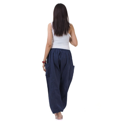 Rear view of the Blue Lagoon pinstripe harem pants, ideal for both men and women.