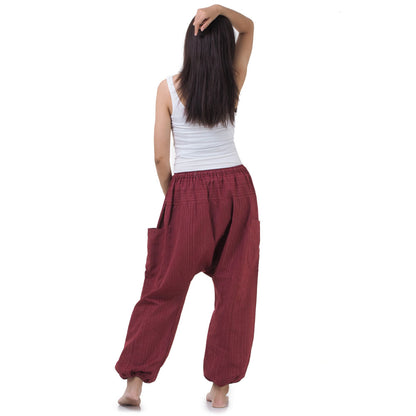 Back view of the Sunset Maroon pinstripe pants, emphasizing ethical and mindful craftsmanship.