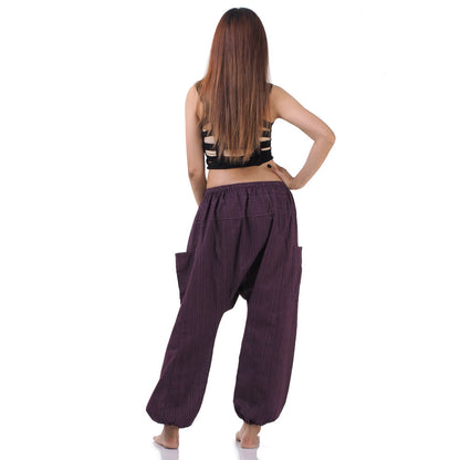 Back view of the Purple Orchid pinstripe pants, showing the comfortable and airy design.