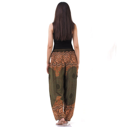Back view of olive green Thai harem yoga pants with mandala print worn with black top