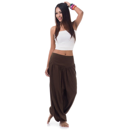 Front view of a female model wearing sienna serenity Thai harem pants, handcrafted in Thailand.