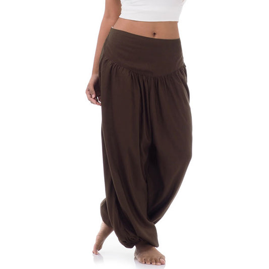 Close-up sienna serenity Thai harem pants, handmade earthy solid brown color.