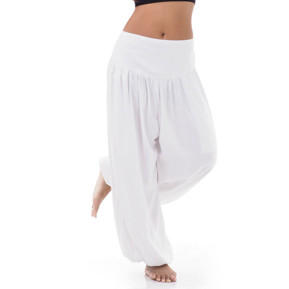 Detail of sunny white Thai harem pants, crisp handmade solid color.