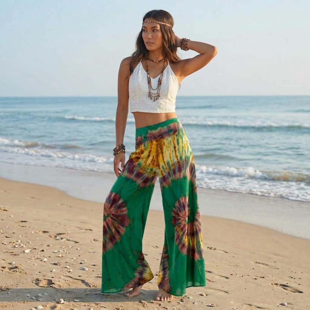 Female model standing on the soft sand of a Thai beach wearing the Emerald Oasis Hippie Tie Dye Palazzo Pants.