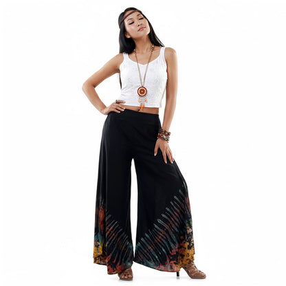Front view of the Midnight Magic Hippie Tie Dye Palazzo Pants on a female model, showcasing a versatile bohemian summer style.