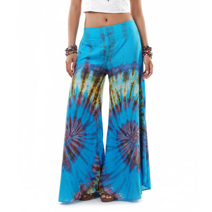 Detailed close-up of the Ocean Blue Hippie Tie Dye Palazzo Pants, showing the aqua and ocean-inspired tie-dye shades.