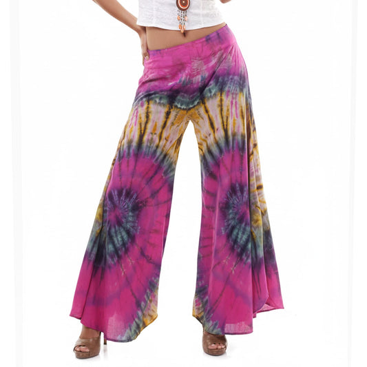 Close-up detail of the Pink Paradise Hippie Tie Dye Palazzo Pants, showcasing the vibrant pink tie-dye pattern and lightweight fabric texture.