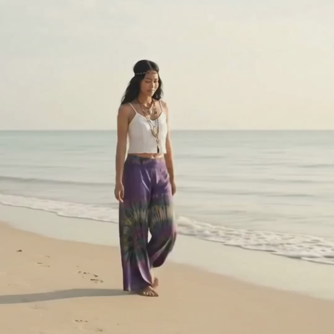 Video: Female model strolling on a sunny sandy Thai beach wearing the fluid Royal Purple Hippie Tie Dye Palazzo Pants.