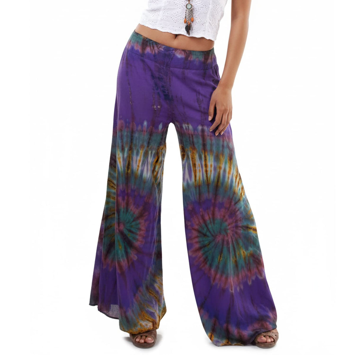 Macro close-up shot of the Royal Purple Hippie Tie Dye Palazzo Pants, capturing the detailed purple batik art and soft weave.