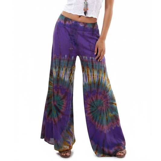 Macro close-up shot of the Royal Purple Hippie Tie Dye Palazzo Pants, capturing the detailed purple batik art and soft weave.