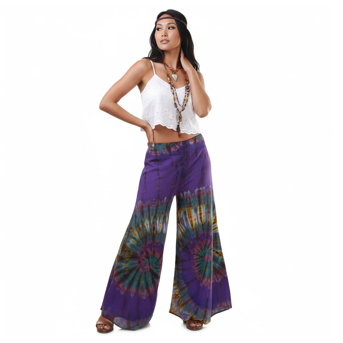 Front view of the Royal Purple Hippie Tie Dye Palazzo Pants on a female model, ideal for boho festival and resort wear.