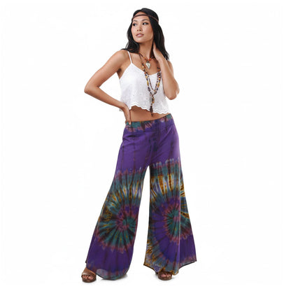 Front view of the Royal Purple Hippie Tie Dye Palazzo Pants on a female model, ideal for boho festival and resort wear.