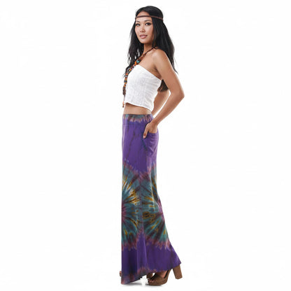 Side profile of the Royal Purple Hippie Tie Dye Palazzo Pants on a female model, showing the generous flared palazzo silhouette.