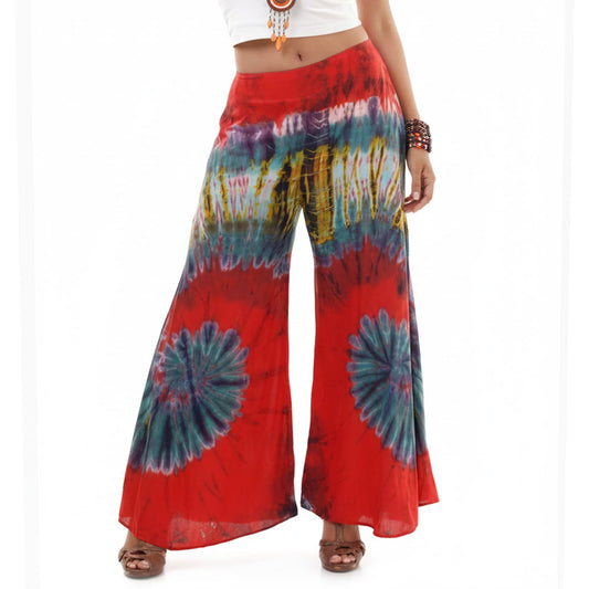 Close-up texture of the Crimson Sunset Hippie Tie Dye Palazzo Pants, displaying the vivid red and earthy tie-dye color gradient.