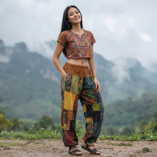 Female model wearing orange Thai harem pants on a path in a misty green landscape front view 