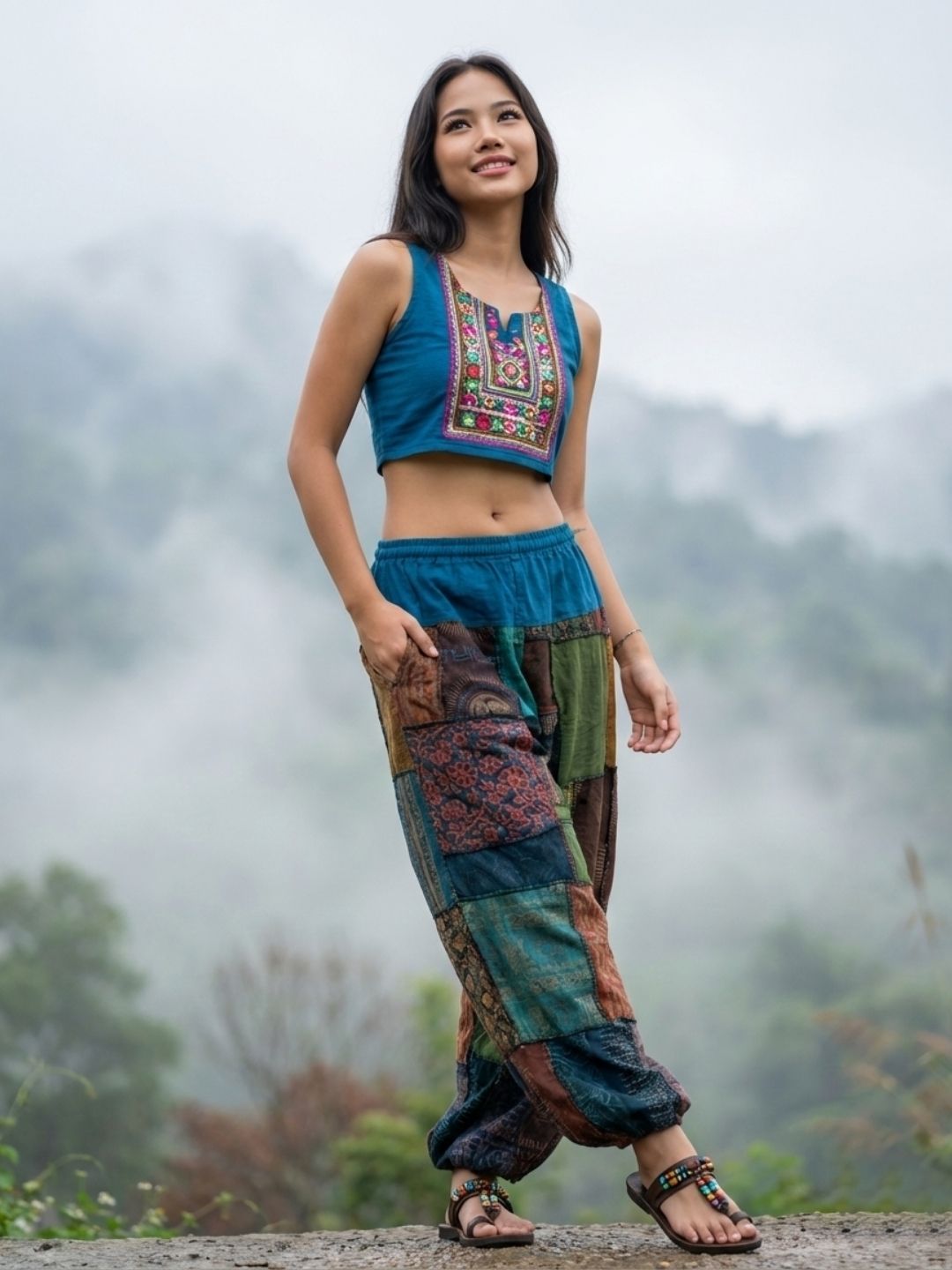 Woman wearing a blue embroidered top and colorful patchwork harem pants standing outdoors with a misty background.
