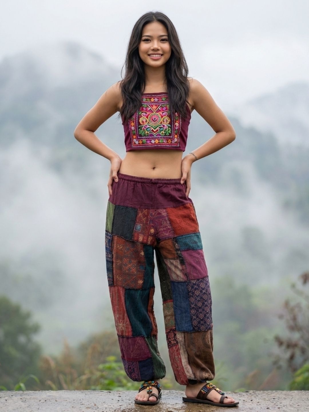Woman wearing a colorful embroidered top and patchwork harem pants standing outdoors with a misty background.
