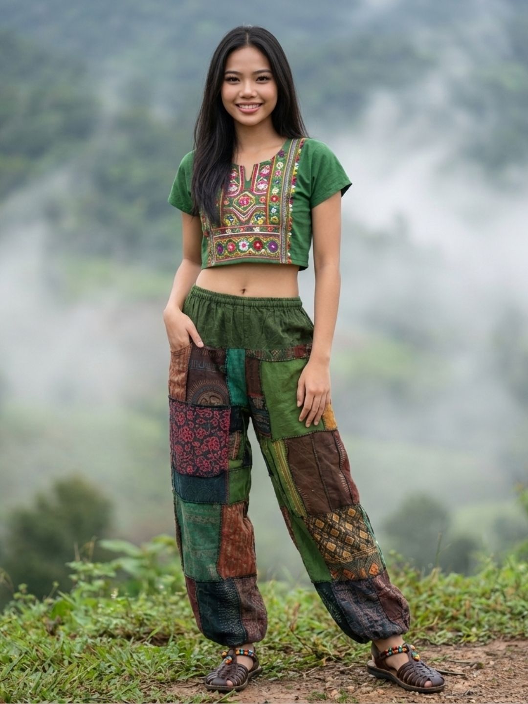 Woman wearing a green embroidered top and patchwork my thai harem pants standing in a natural setting.