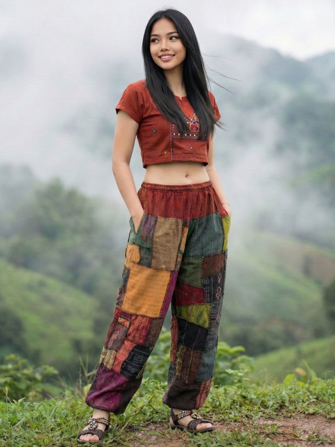 Woman wearing a red top and a patchwork my thai harem pants standing in a natural setting with greenery.