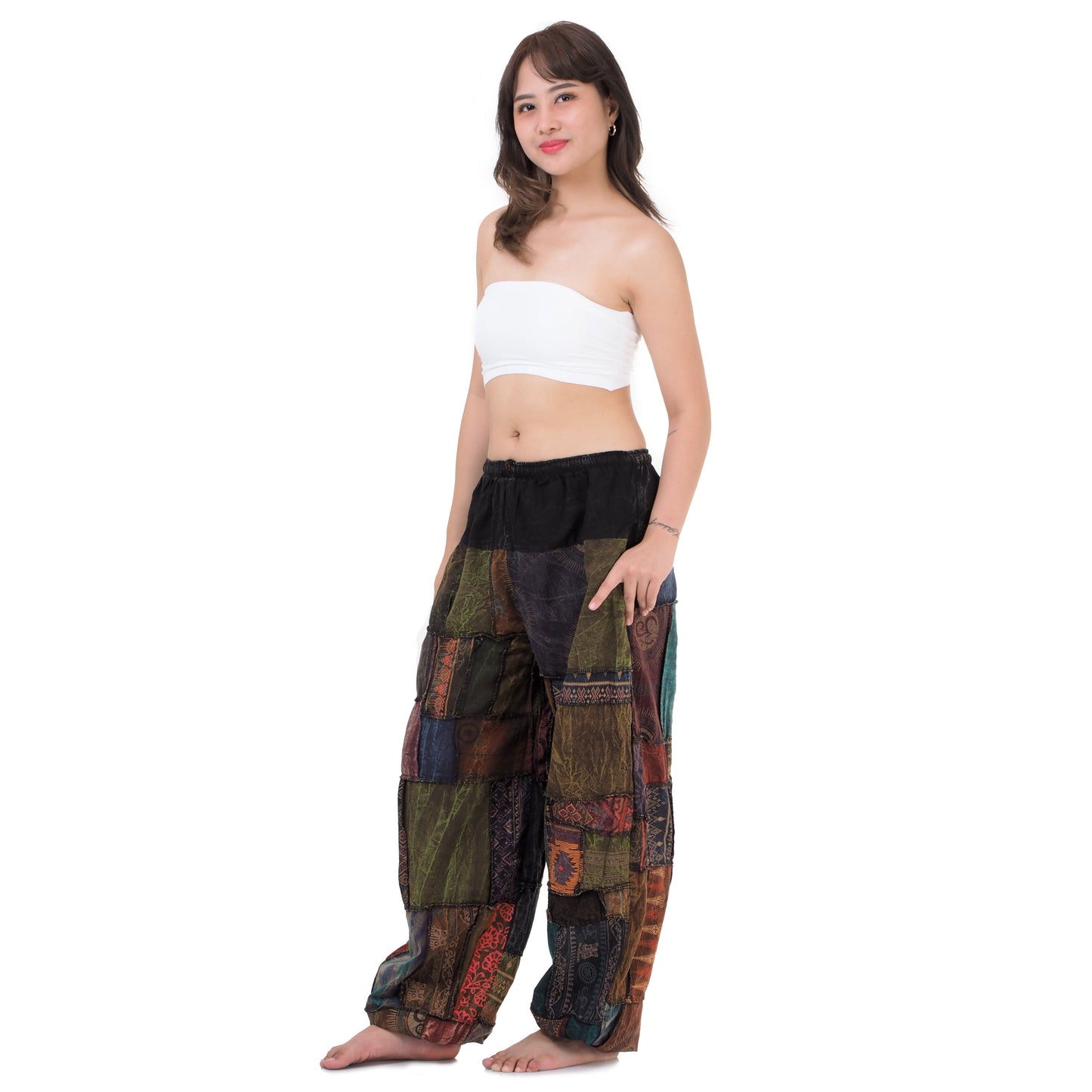 Side view showing loose dropped-crotch fit of brown Thai harem pants