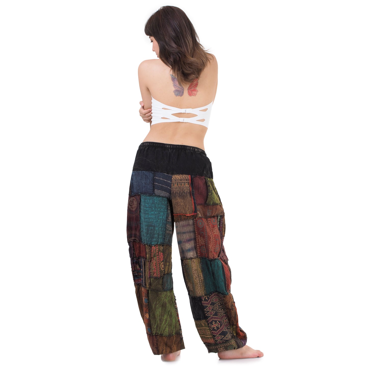Back view of brown Thai patchwork harem pants with relaxed fit
